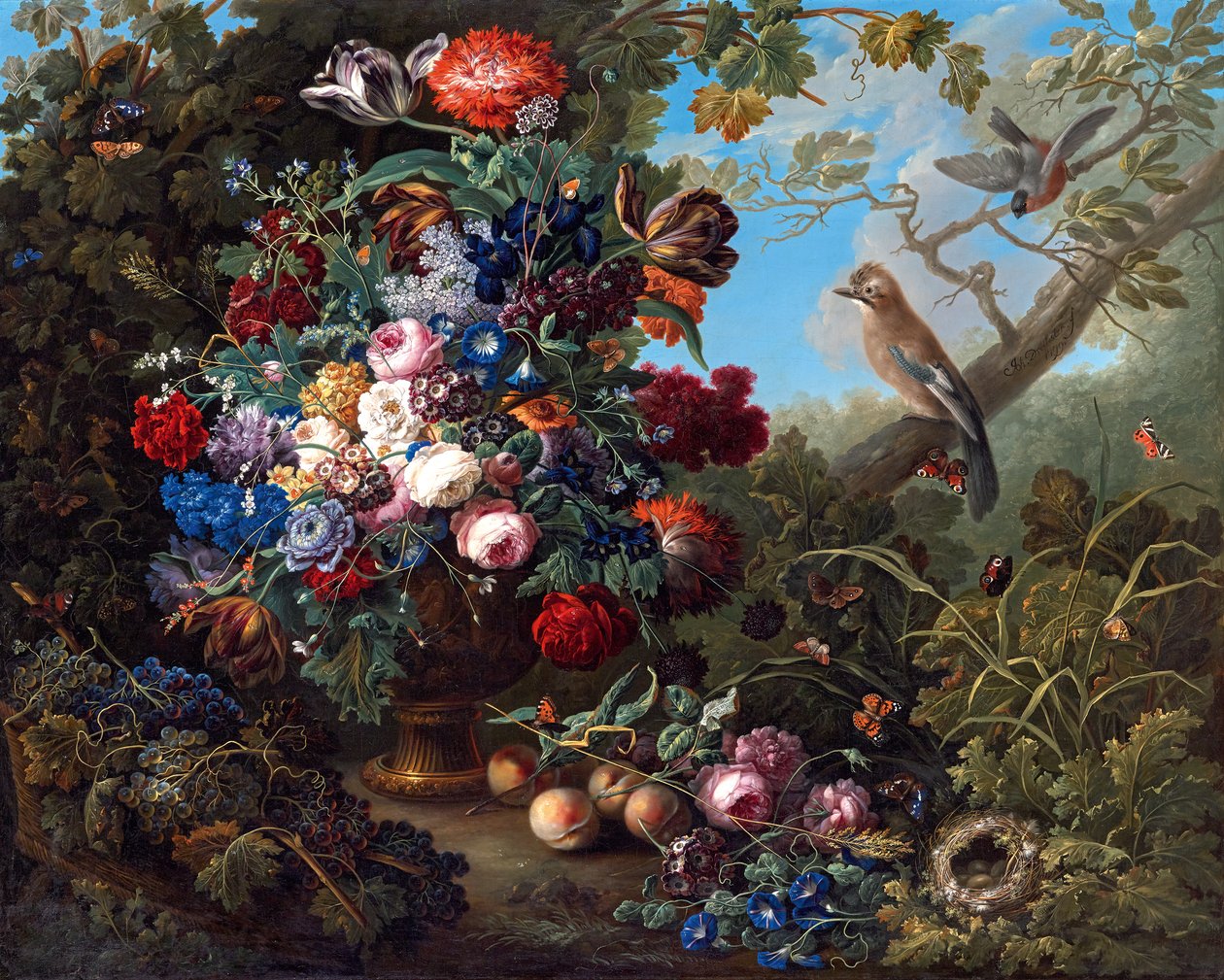 Kuşlar ile büyük çiçek natürmort by Johann Baptist Drechsler
