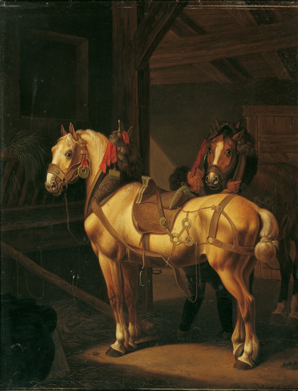 Ahırda iki taslak at by Johann Baptist Michael Dallinger von Dalling