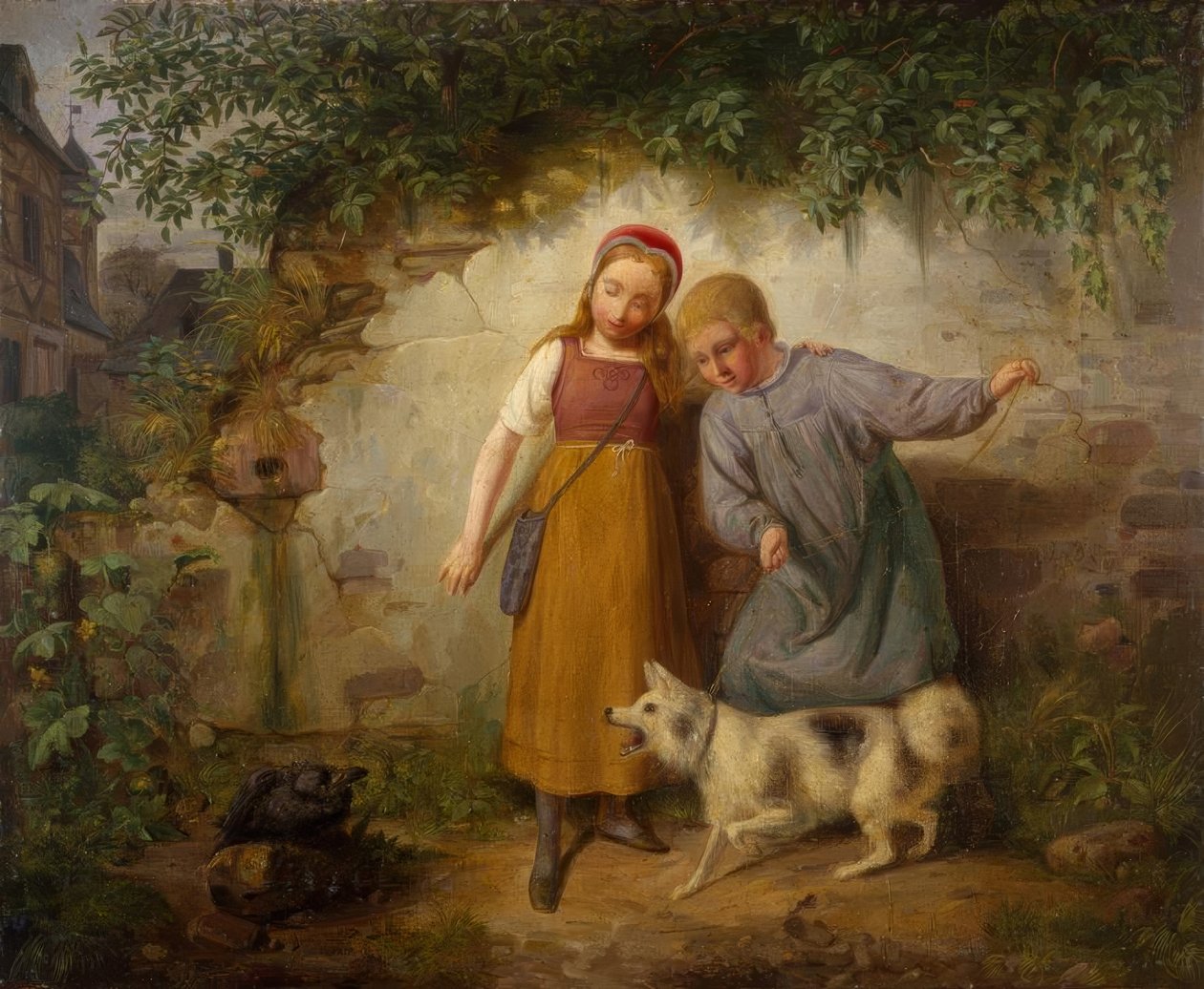 Bir spitz ile iki çocuk by Johann Baptist Zwecker