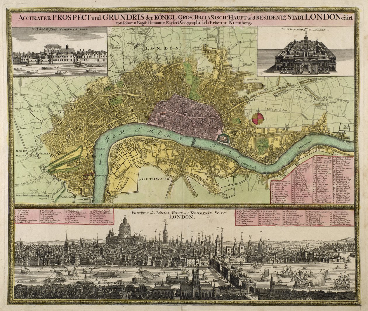 Londra Haritası ve Prospect, c.1710 (el renkli gravür) by Johann Baptista Homann