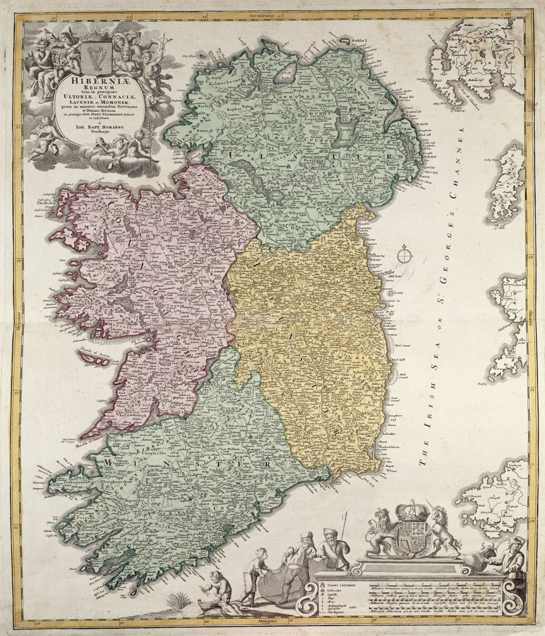 Ulster, Munster, Connaught ve Leinster İllerini gösteren İrlanda haritası, Johann B. Homann, c.1730 (el renkli gravür) by Johann Baptista Homann