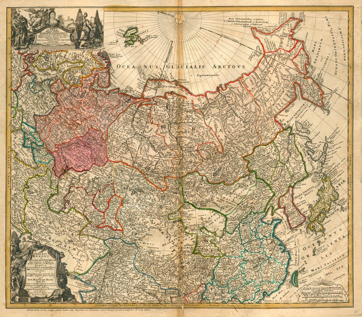 Rusya Haritası (Asya ve Avrupa'nın tamamına Rus İmparatorluğu ve Tataristan Haritası'ndan) - Homann, Johann Baptist (1663-1724) - 1738 - Bakır gravür, sulu boya - Özel Koleksiyon by Johann Baptista Homann