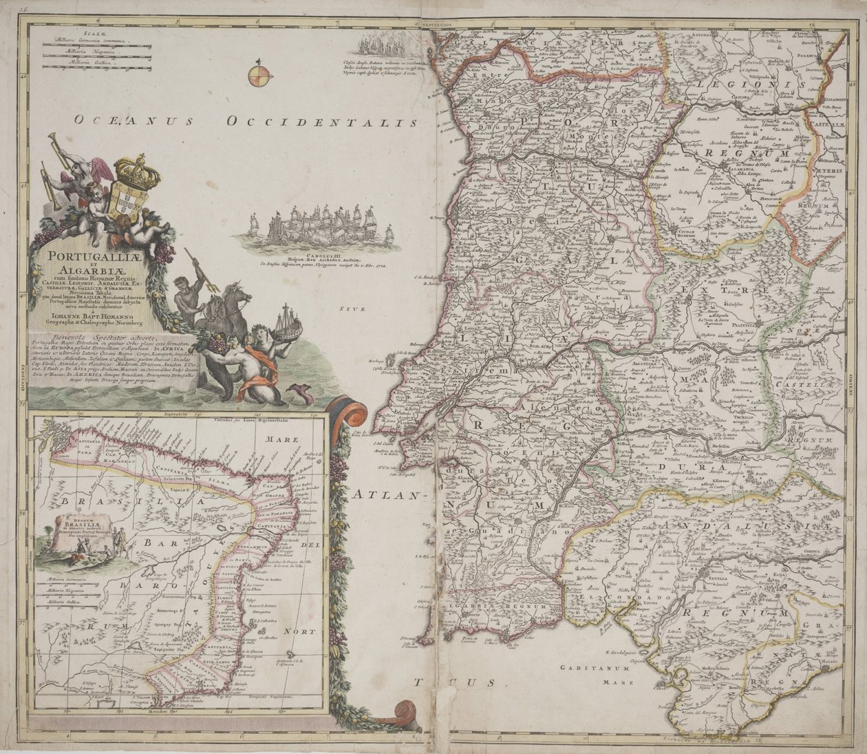 Portekiz ve Algarve (Portugallia et Algarbiae), c.1704 (el boyaması gravür) by Johann Baptista Homann