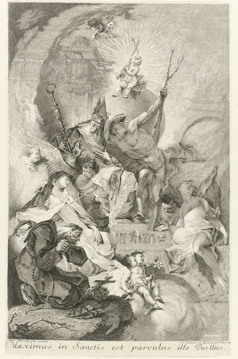 Het Christkind als Salvator Mundi, verscheidene heiligen en paus Clemens XIII ile tanıştı Azizler arasında Maximus o küçük çocuktur (nesne üzerindeki başlık) by Johann Beheim