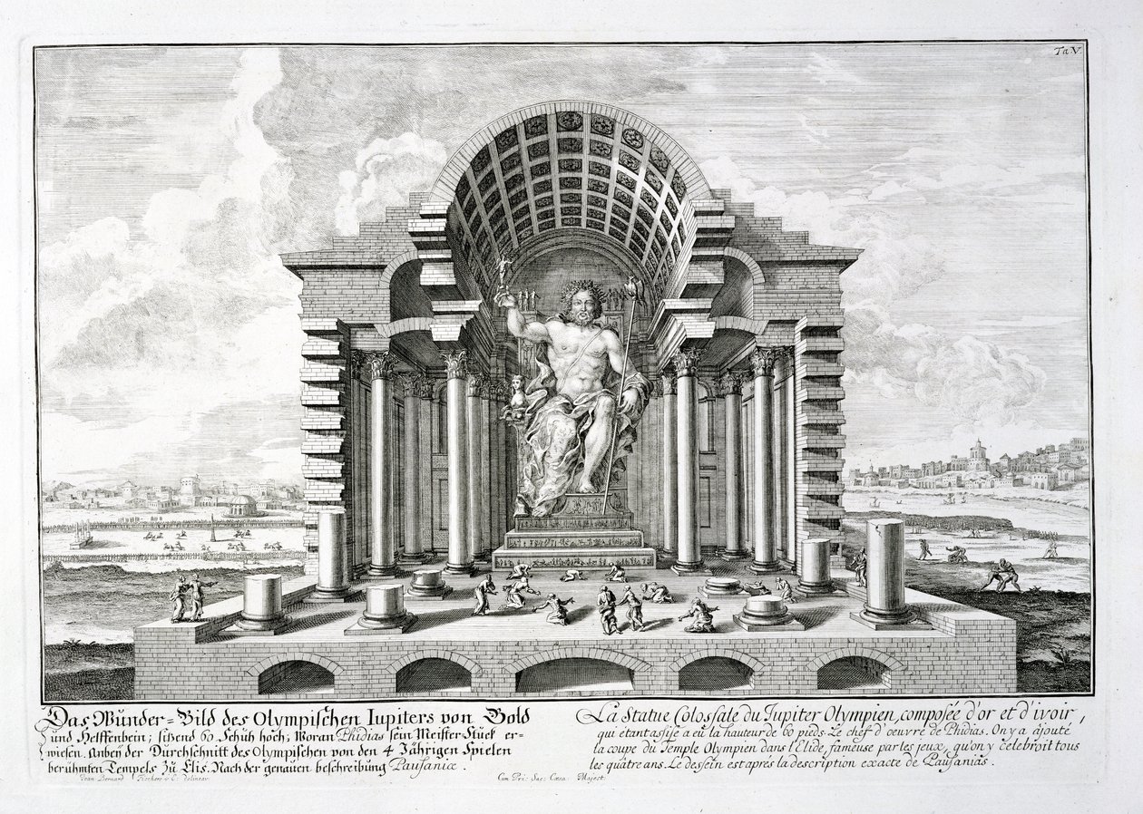 Phidias'ın yaptığı Olimpiya Zeus Heykeli, Johann Adam Delsenbach (1687-1765) 1721 tarafından oyulmuş 'Tarihi bir mimarinin tasarımı'ndan plaka 5 by Johann Bernhard Fischer von Erlach