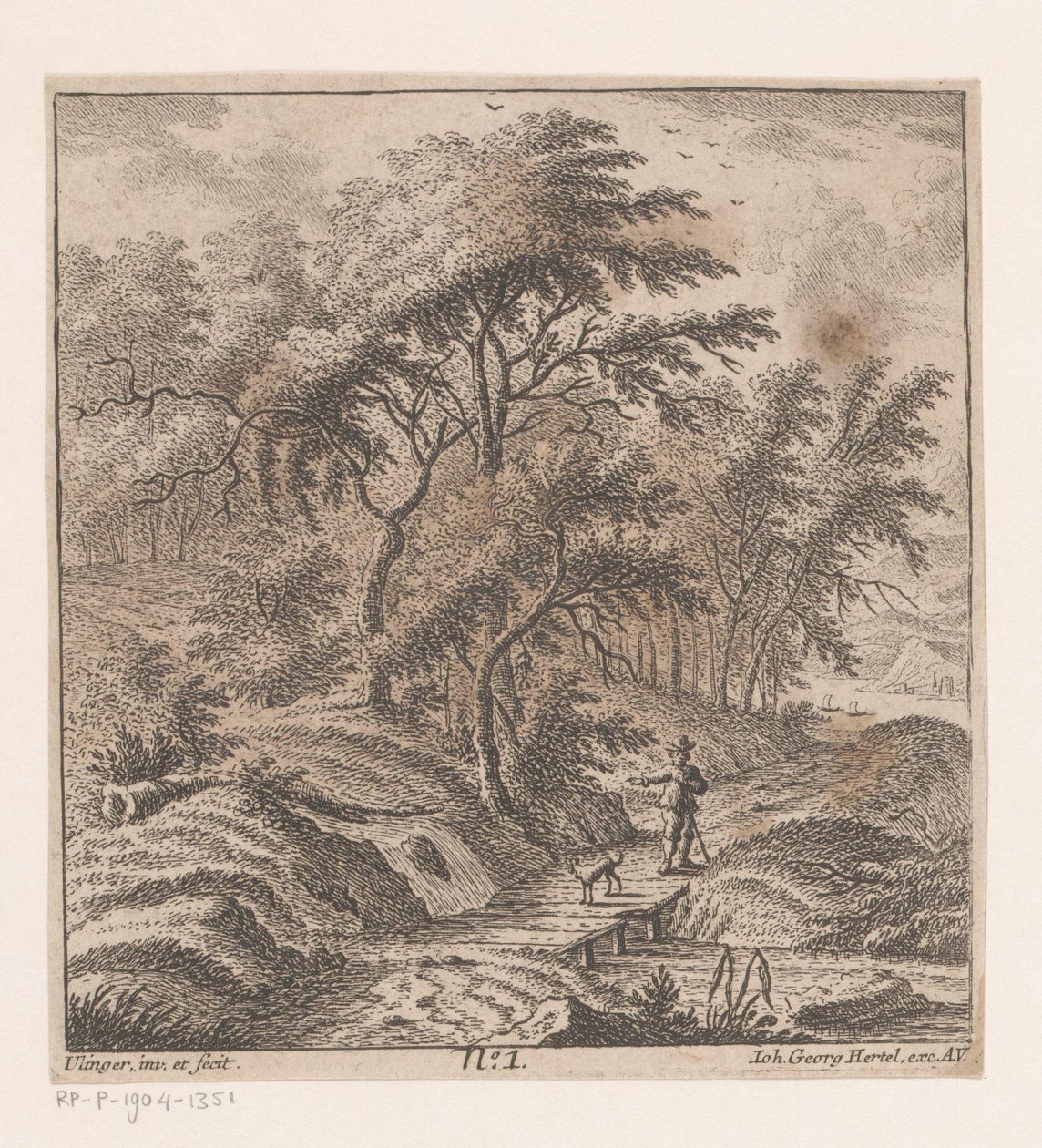 Orman kenarında yürüyen köpekli adam by Johann Caspar Ulinger