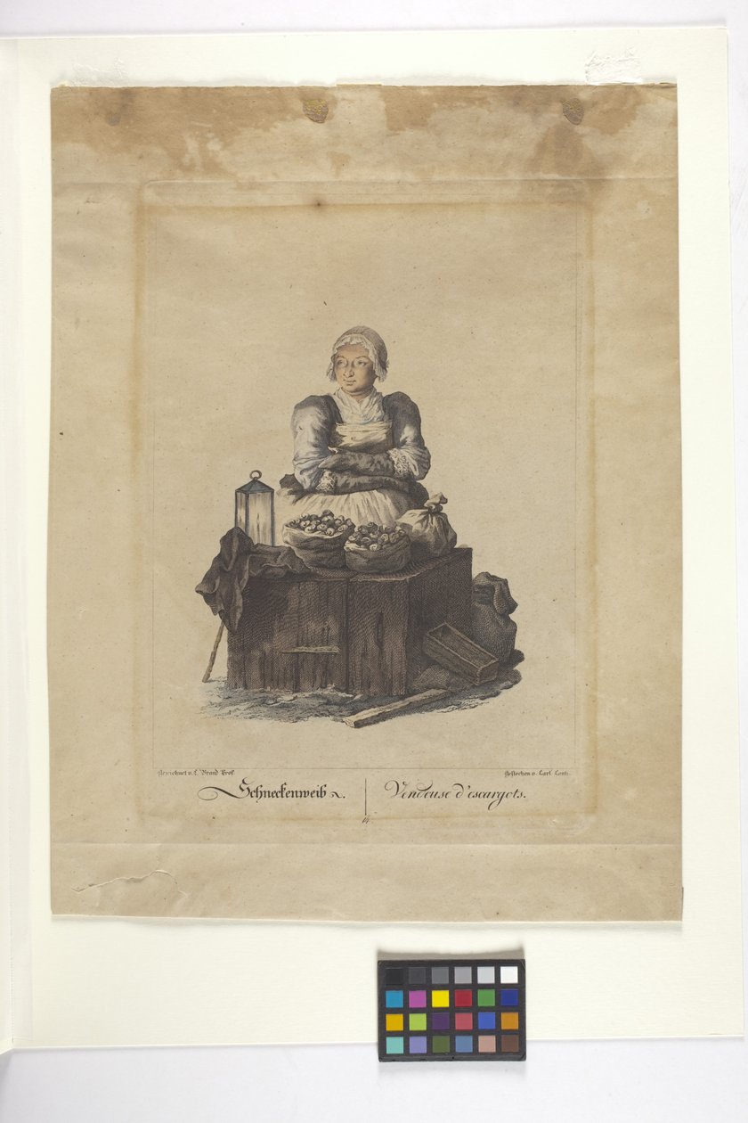 Schneckenweib Veya Vendeuse Des Escargots (Salyangoz Satıcısı) (elle renklendirilmiş gravür) by Johann Christian (after) Brand