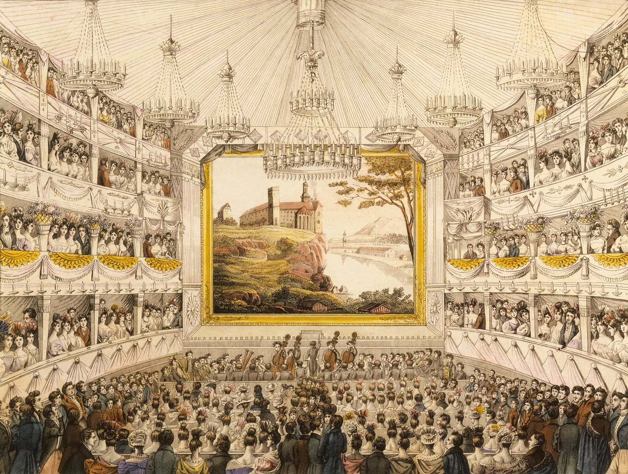 Avusturya, Viyana, Theatre an der Wien (Viyana Tiyatrosu), J.C. Schoeller tarafından suluboya baskı by Johann Christian (after) Schoeller