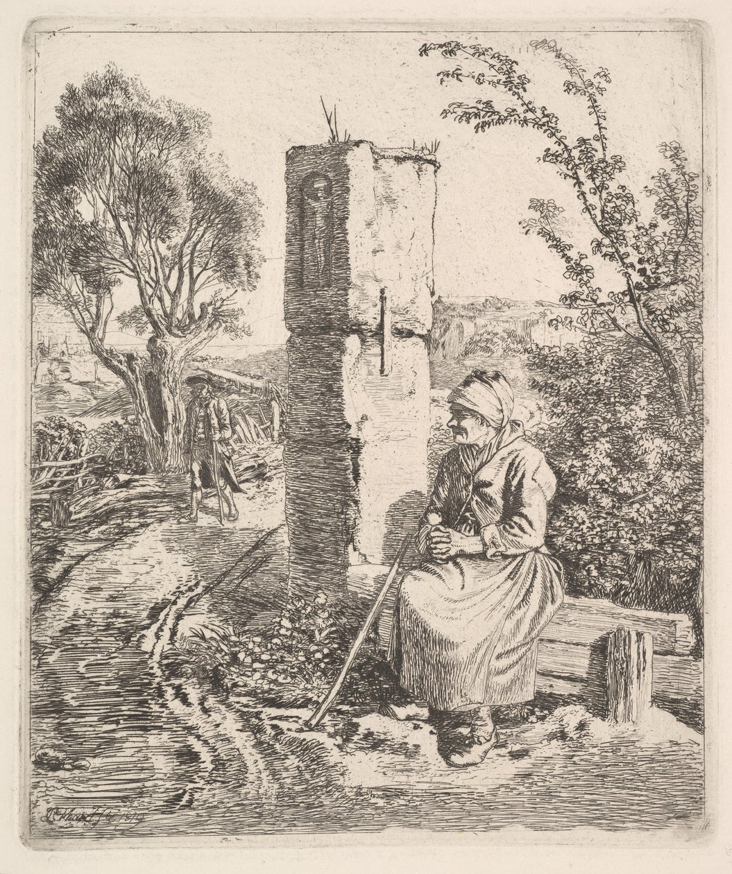 Yolun Kenarında Bir Sütunun Yanında Oturan Yaşlı Bir Kadın, 1819. by Johann Christian Erhard