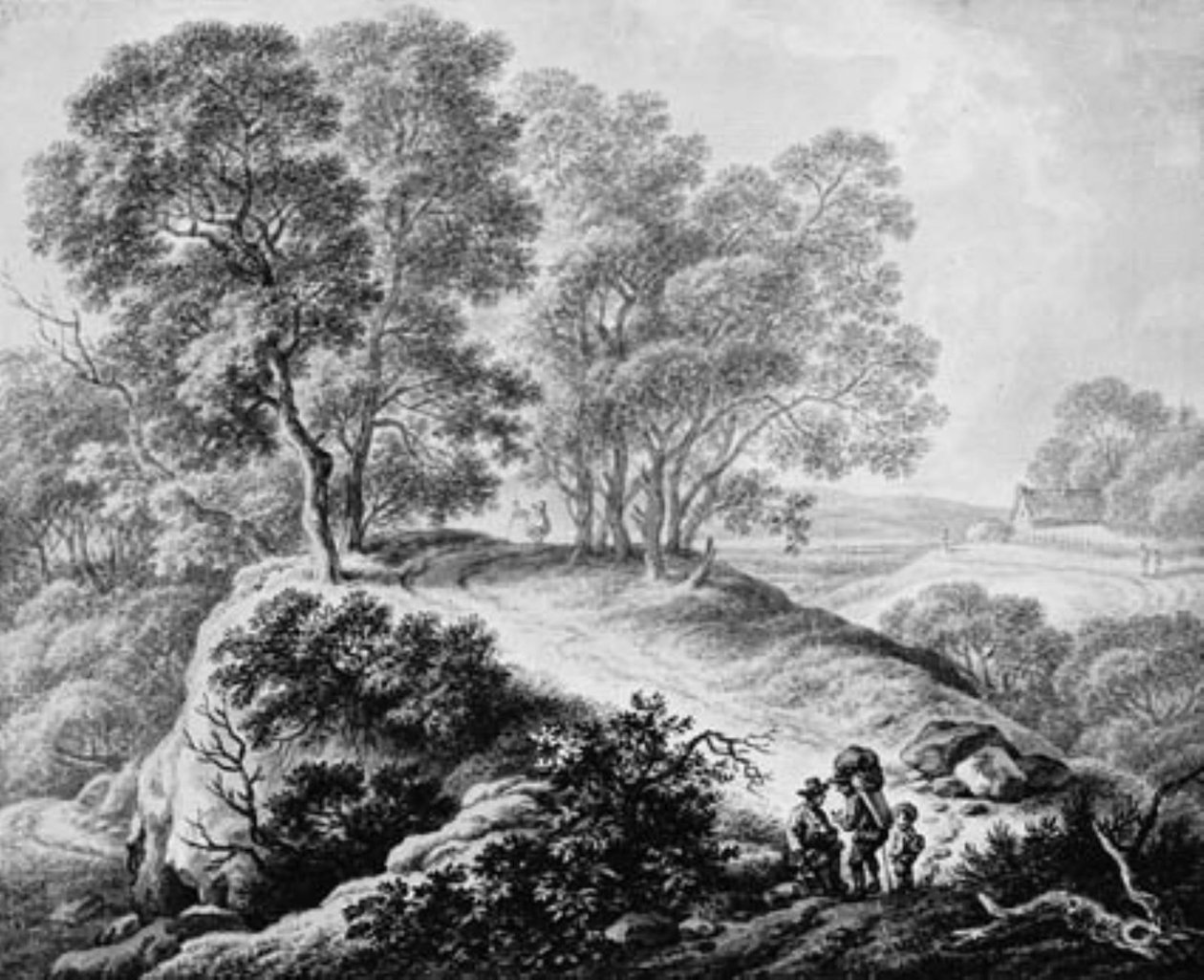 Uzun ağaçlar arasında rakamlar ve yol ile manzara by Johann Christian Klengel