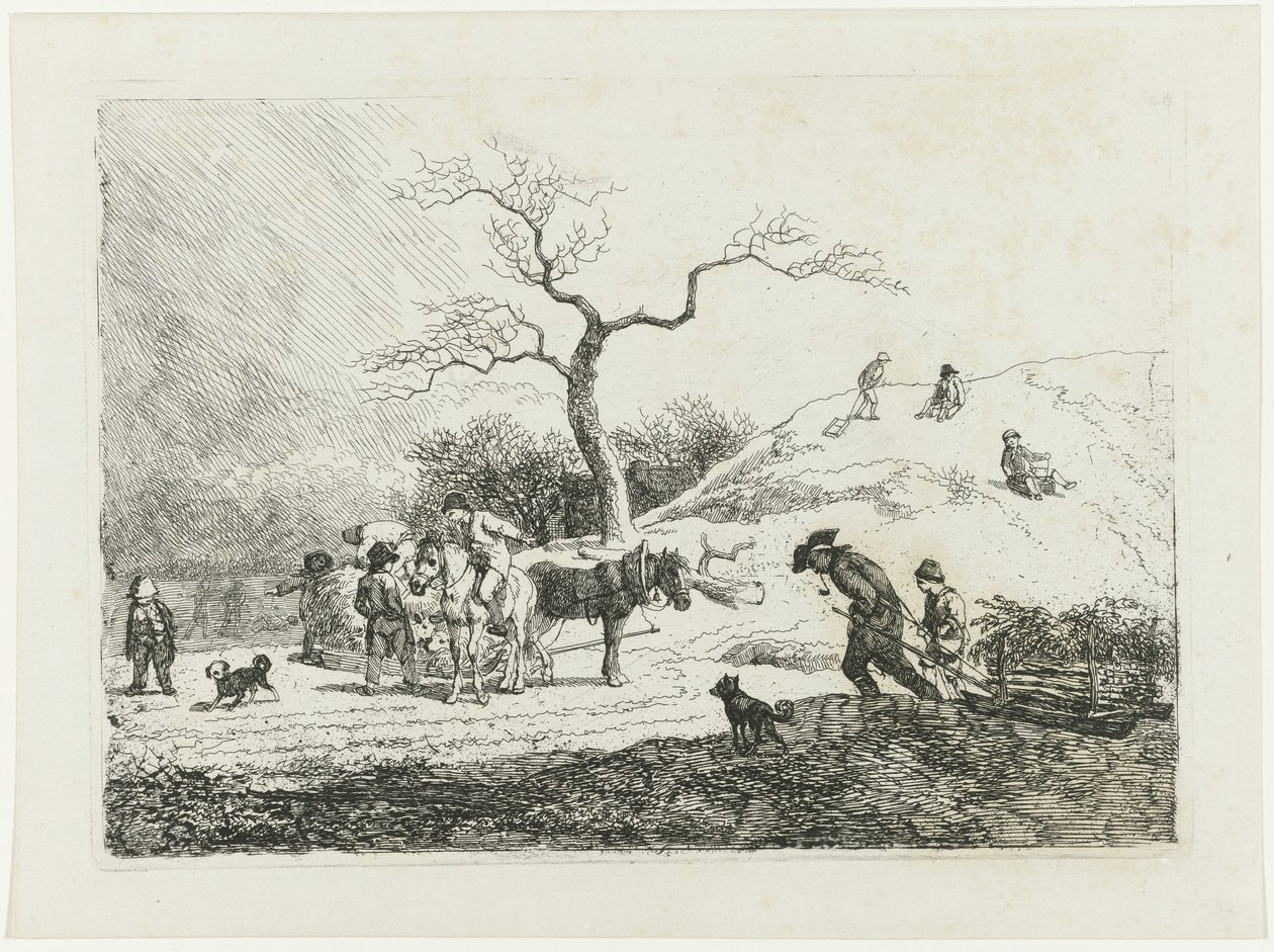 Kızak yapan çocuklar ve çeşitli kızaklarla kış manzarası by Johann Christian Klengel
