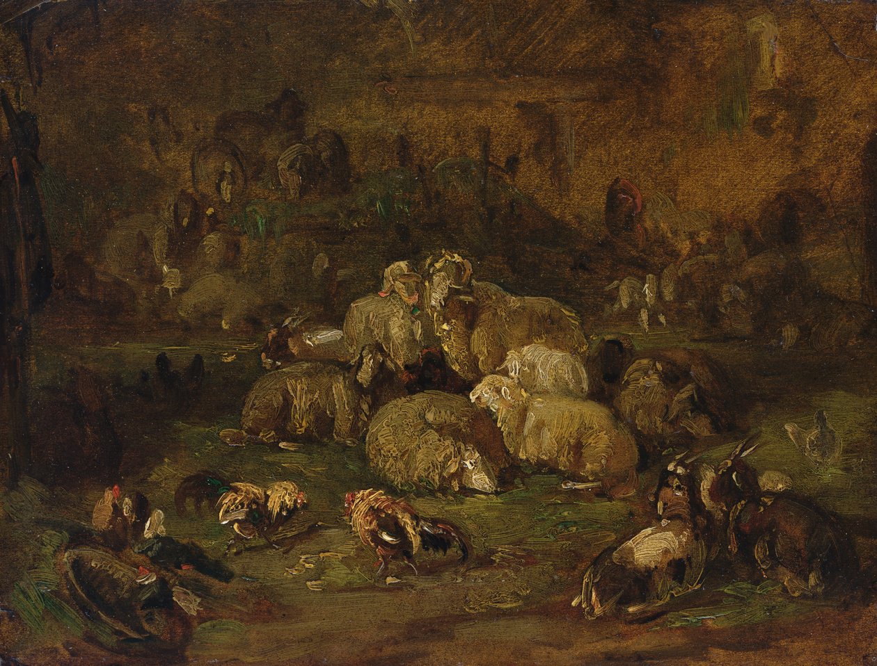 Koyun, Keçi ve Tavuklar (tuval üzerine serilmiş kağıt üzerine yağlı boya) by Johann Christian Reinhardt