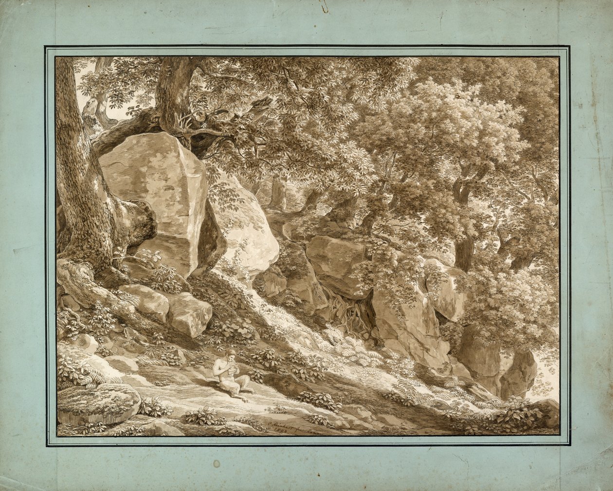 Onun Flüt Çalan Pan ile Kayalık Manzara by Johann Christian Reinhart