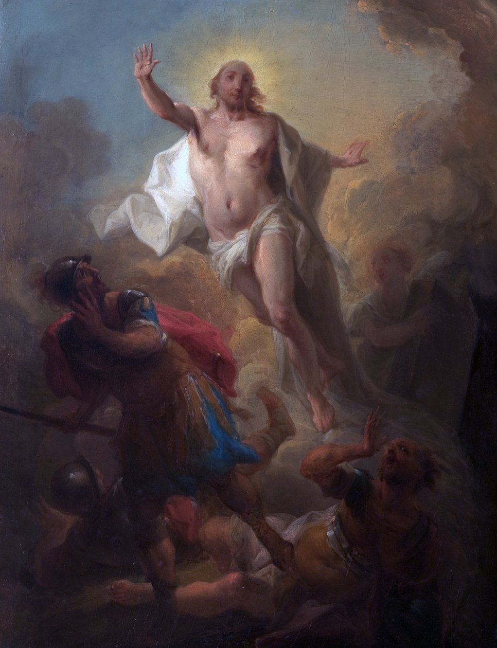 Mezardan Yükselen İsa ve Kaçan Romalı Askerler (gemide petrol) by Johann Christian Thomas (attr.to) Winck