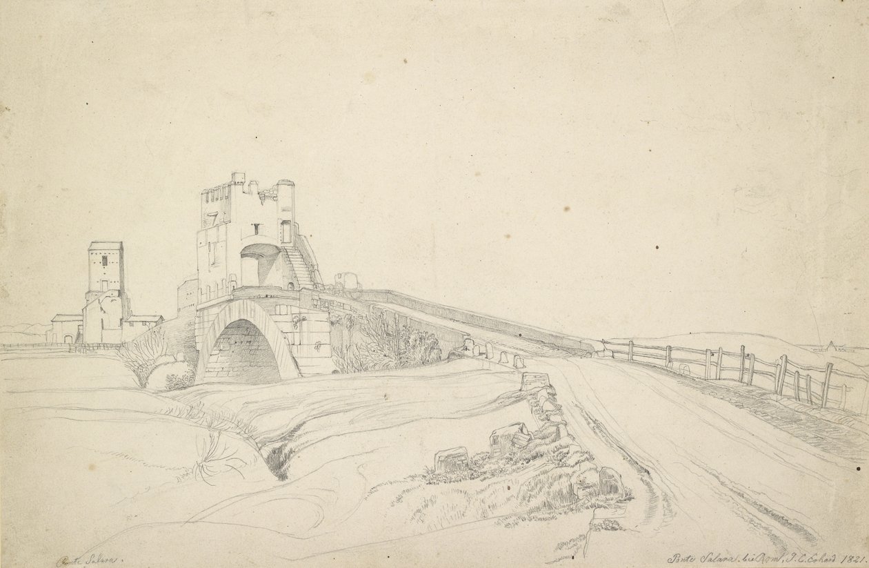 Roma yakınlarındaki Ponte Salario, 1821 (kirli beyaz kağıt üzerinde grafit) by Johann Christoph Erhard