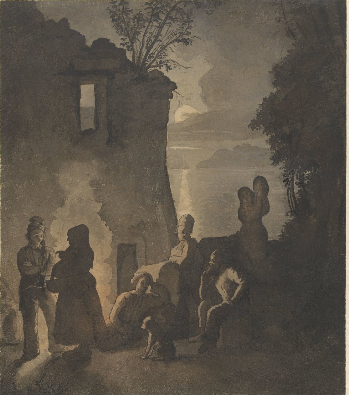 Savoyards gece bir göl kıyısında ateşin yanında dinlenmek by Johann Conrad Seekatz