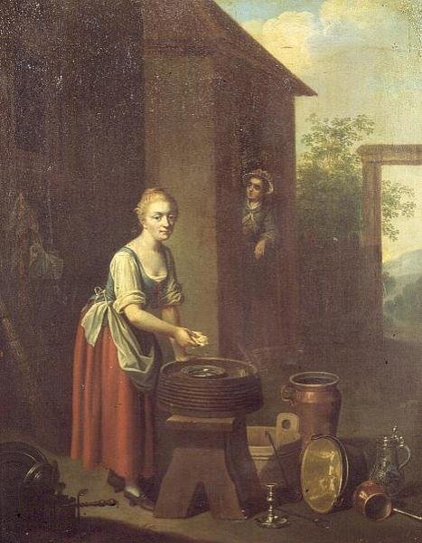 Bir bahçede bulaşık yıkayan bir hizmetçi by Johann Daniel Bager