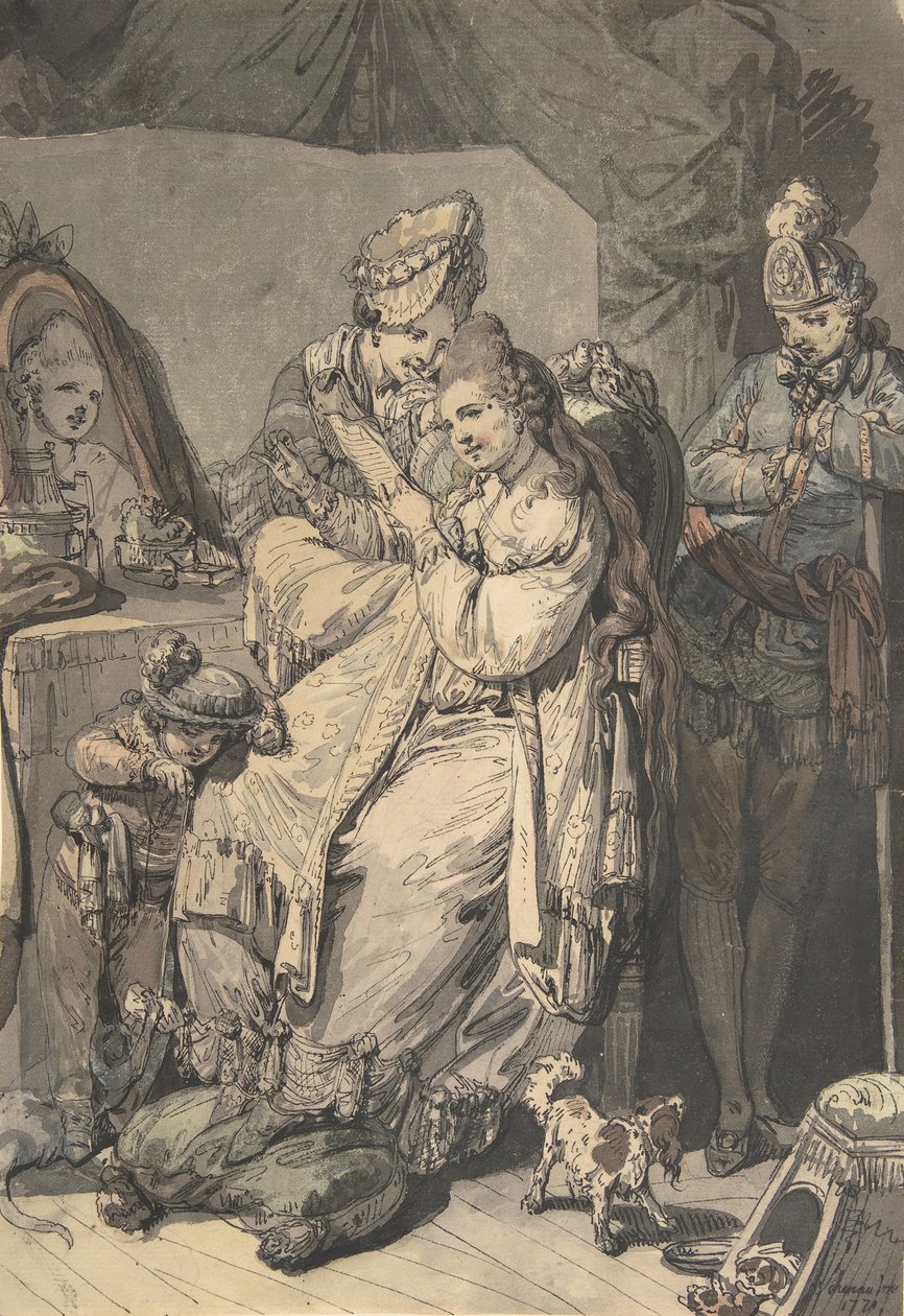 Bir Hizmetçi, Bir Oğlan, Bir Köpek ve Bir Genç Askerle Tuvaletinde Bir Kadın, verso: A Sketch..., 1770. by Johann Eleazar Schenau