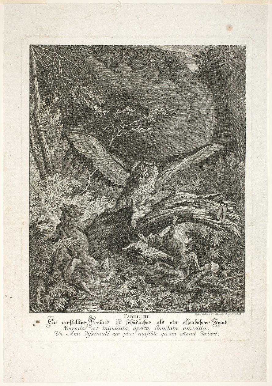 Fable III, Theire Aleminin Öğretici Masallarından üçüncü plaka by Johann Elias Ridinger