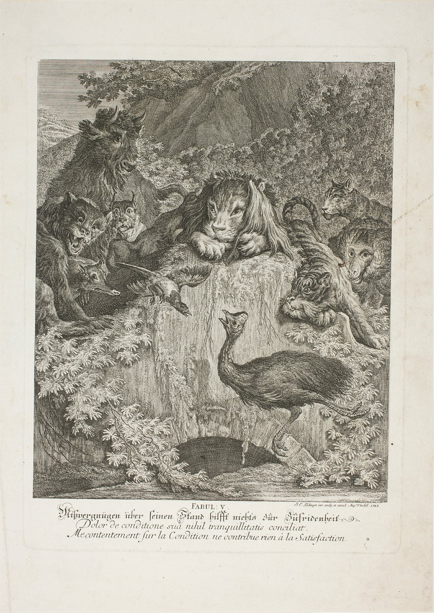 Fable V, Theire Aleminin Öğretici Masallarından beşinci plaka by Johann Elias Ridinger