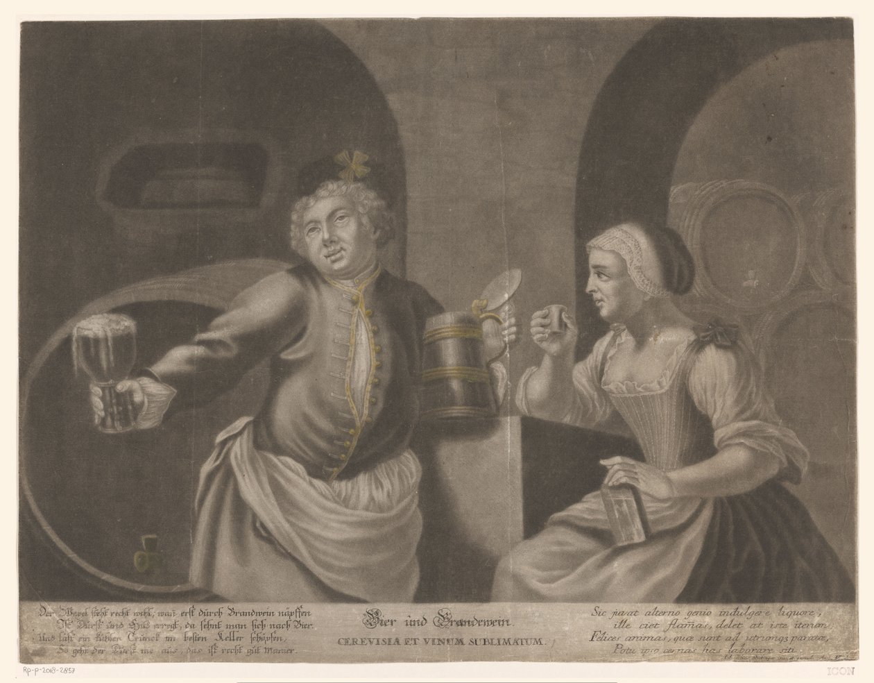 Erkek ve kadın bira ve brendi içer Bira ve Brandewein / Cerevisia et vinum sublimatum by Johann Elias Ridinger