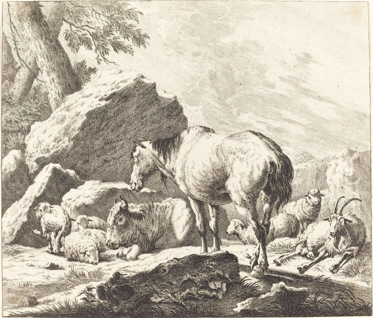 İtalyan Manzarasında Bir At, Bufalo, Koyun ve Keçi by Johann Elias Ridinger after Johann Heinrich Roos