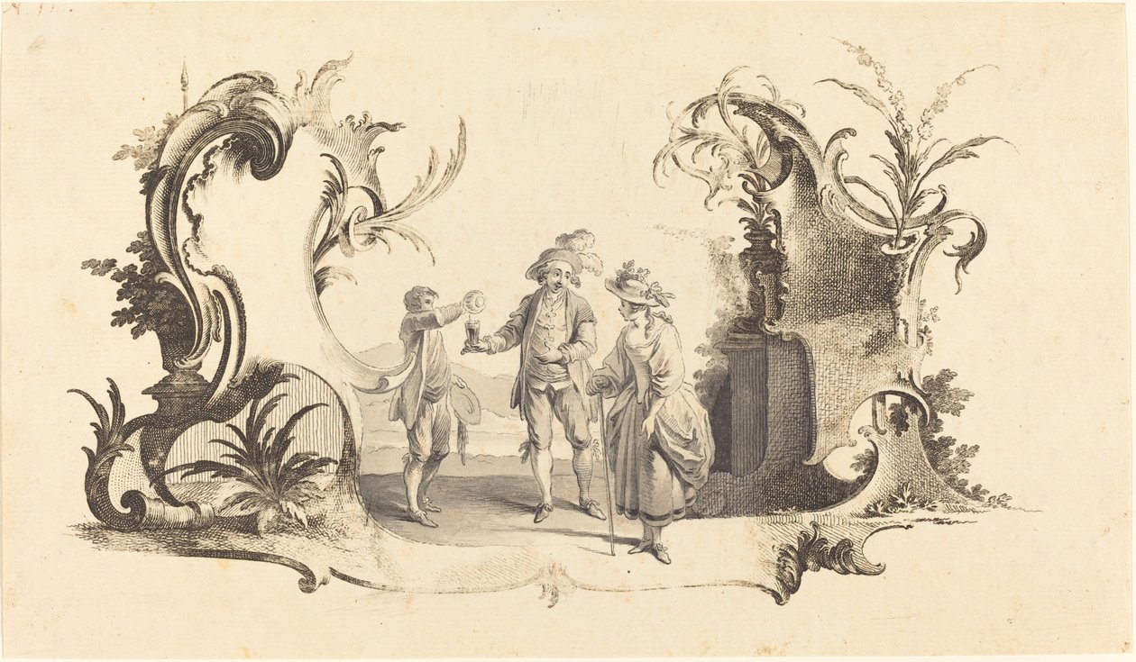 Cartouche Moderne, Şarap Sunulan Genç Bir Çiftle by Johann Esaias Nilson