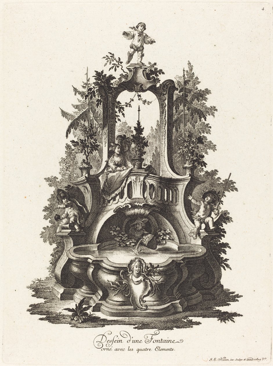Dört Elementle Süslenmiş Bir Çeşme Tasarımı by Johann Esaias Nilson