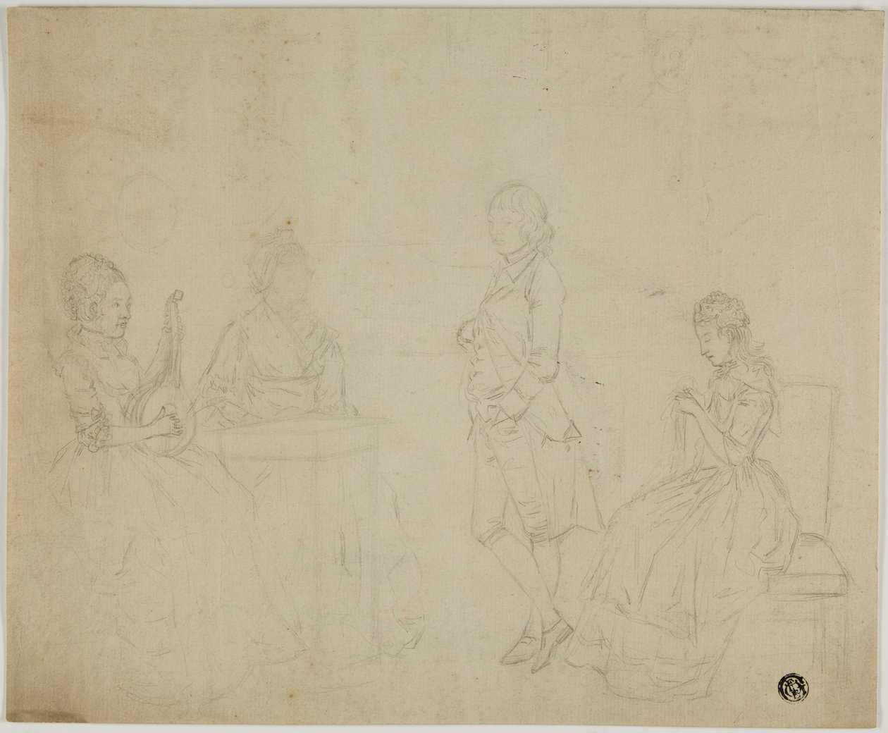 Üç Oturan Kadın ve Ayakta Genç Adam ile Aile Grubu Kroki by Johann Friedrich August Tischbein