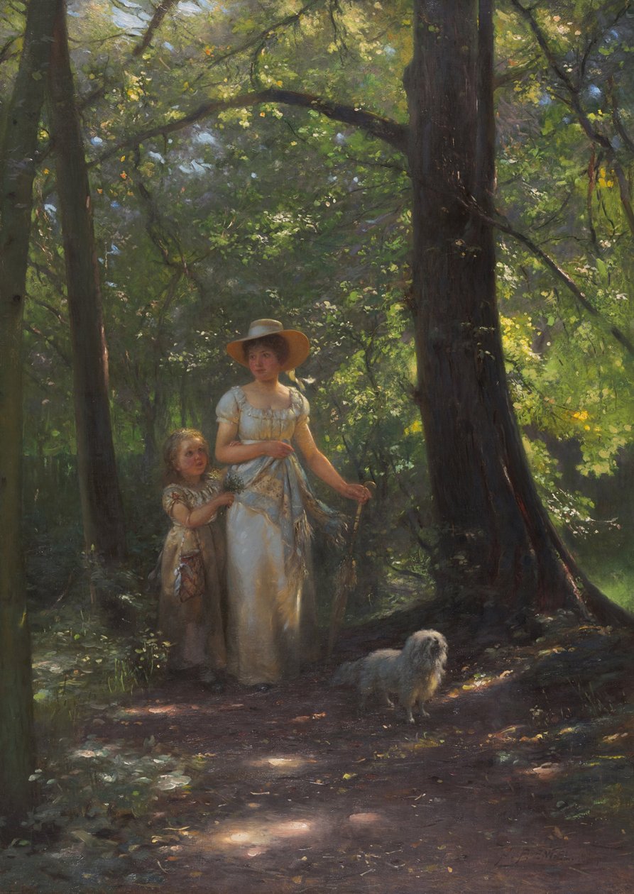 Kayın ormanında köpeği olan bayan by Johann Friedrich Engel