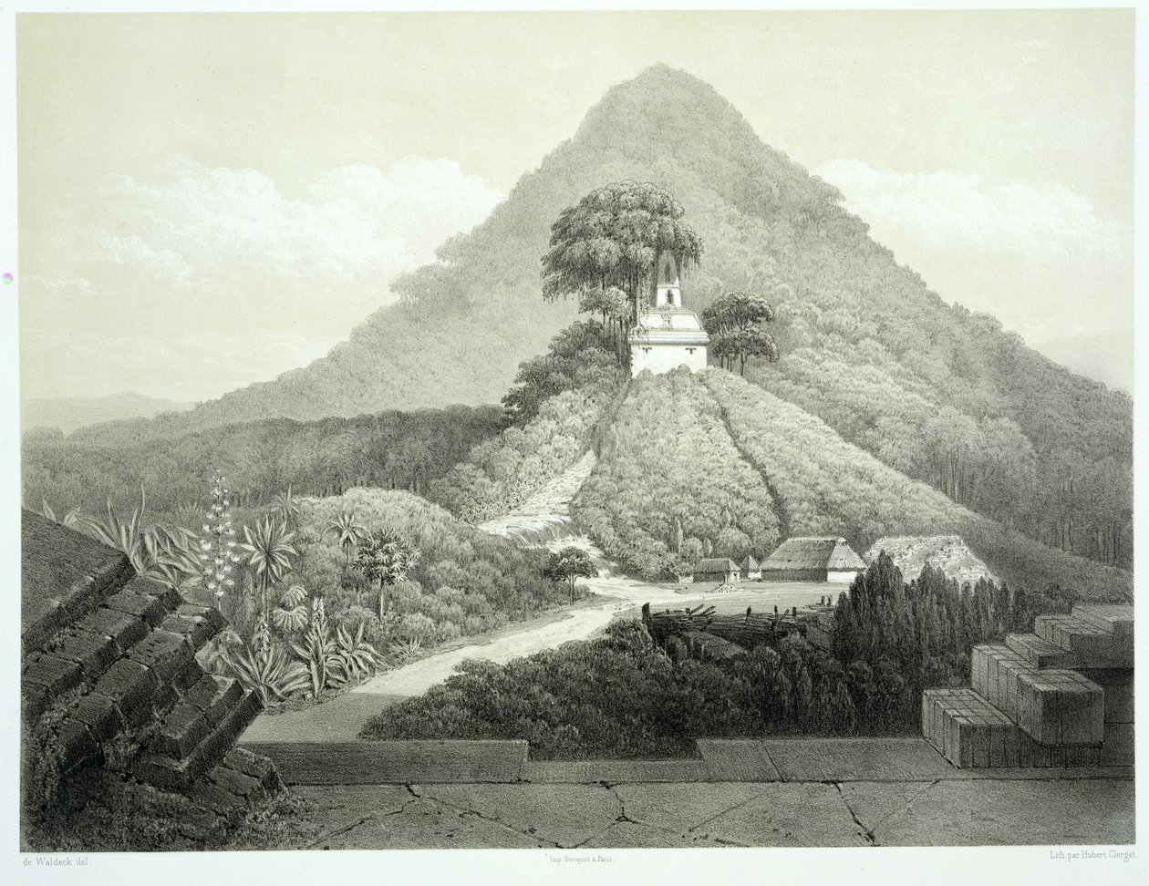 Haç Tapınağı'nda pitoresk görünüm, Palenque, Hubert Clerget (1818-99) 1866 tarafından oyulmuş 'Meksika'nın Antik Anıtları'ndan 20 numaralı plaka by Johann Friedrich Maximilian von Waldeck