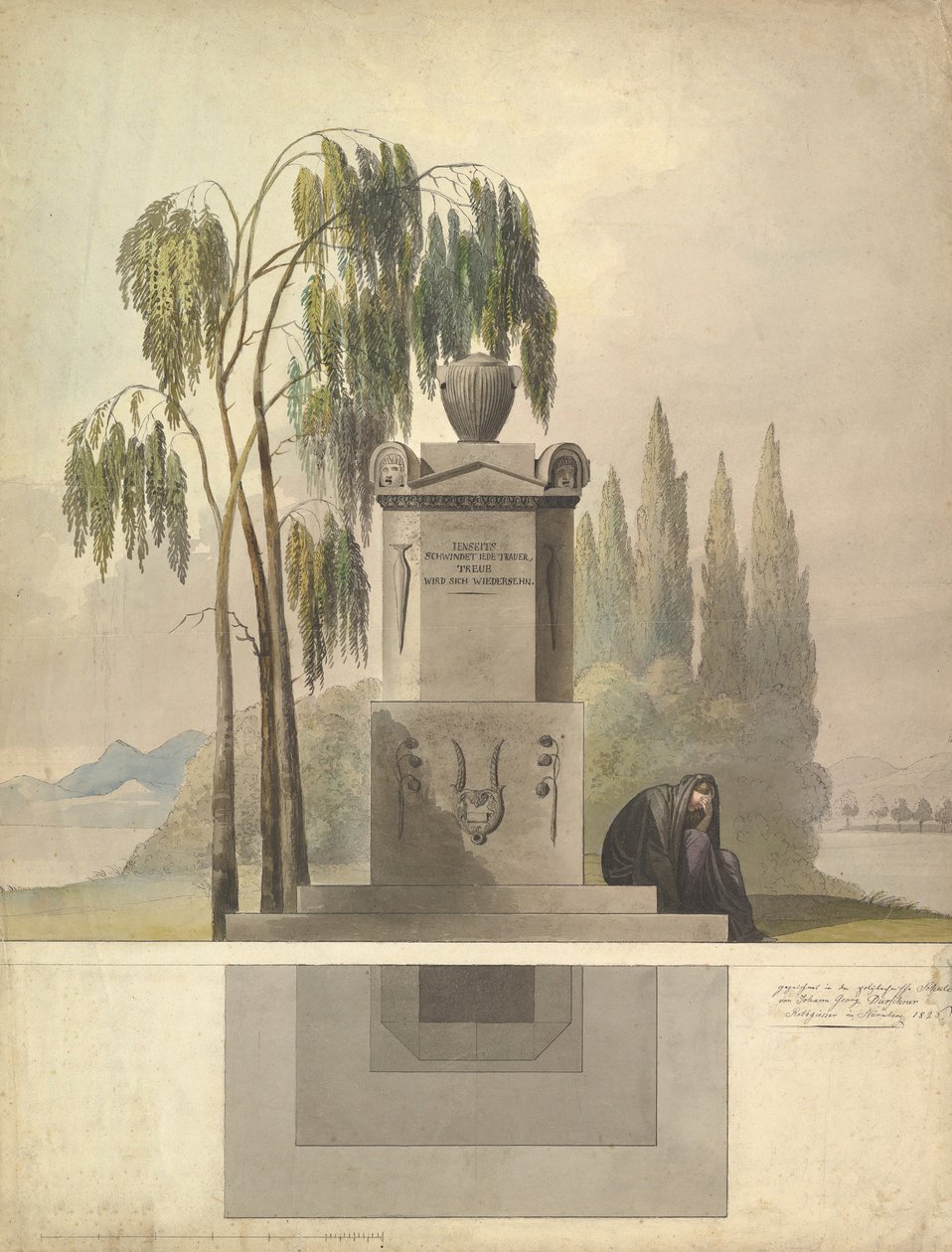 Bir Mezar için Tasarım, Rothgeisser, Nuremberg Yükseklik ve Zemin Planı, 1826. by Johann Georg Dürschner
