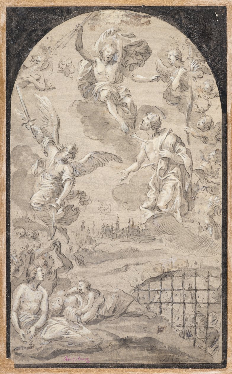 Aziz, Augsburg şehrine yıldırım çarpmaması için İsa#39;ya şefaat ediyor by Johann Georg Melchior (1625 1705) Schmittner