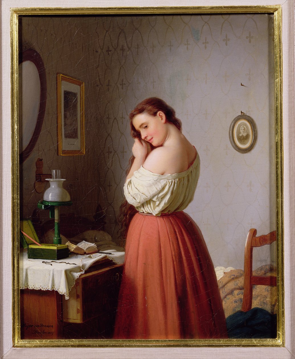 Genç Kadın Saçını Örüyor by Johann Georg Meyer von Bremen