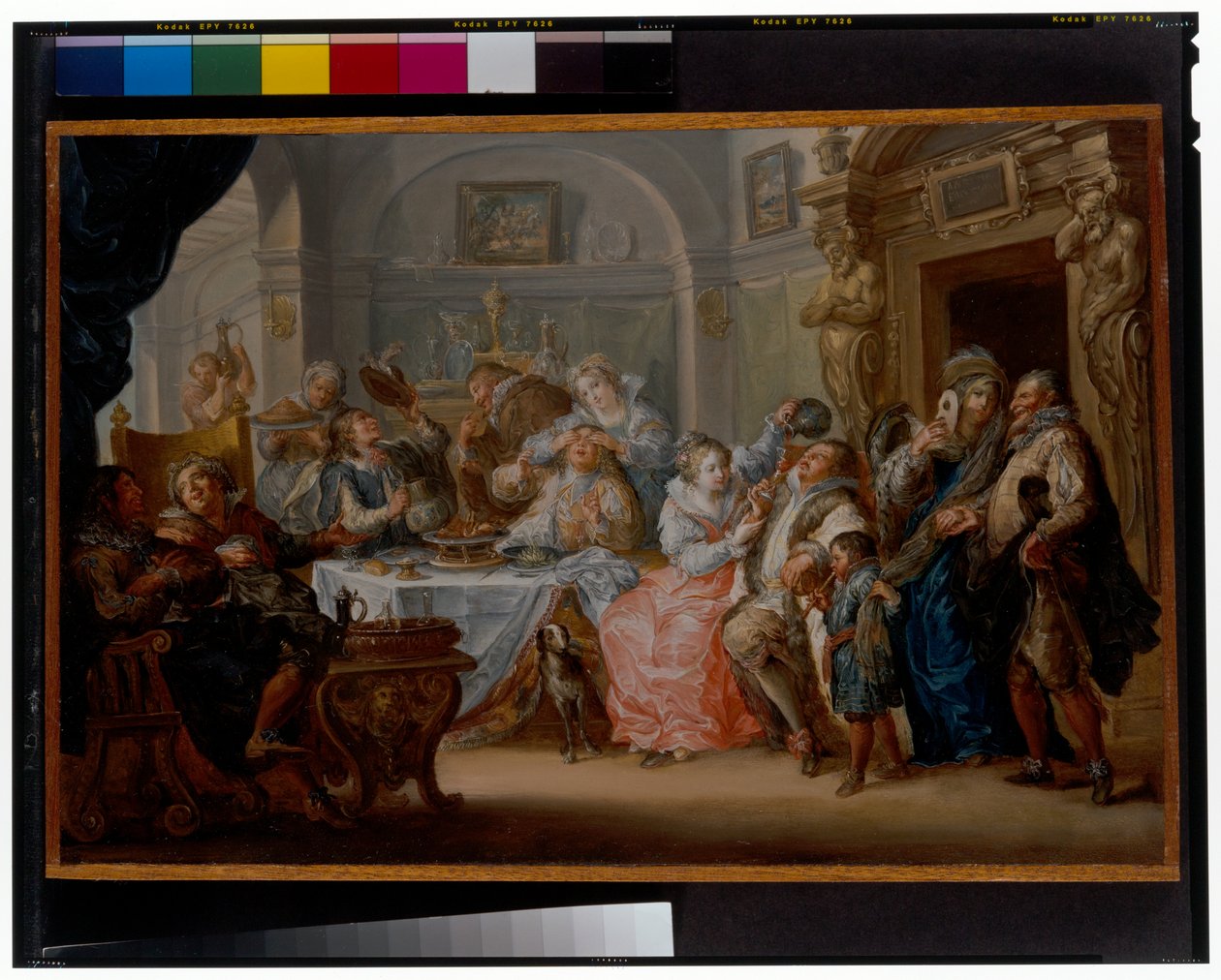 Maskeli balo kostüm ziyafetinde zarif figürlerin olduğu iç mekan by Johann Georg Platzer