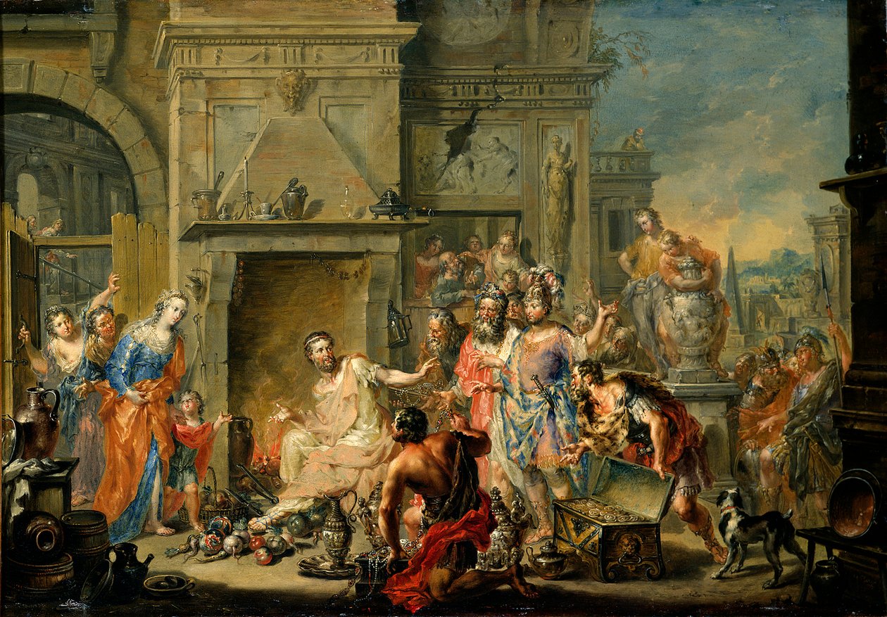 Roma Antik: "Manius Curius Dentatus (mort en 270 av JC) reddeden les des Samnites sunar"". Manius Curius Dentatus, Samnitlerin Rüşvetini Reddetti - Bakır üzerine yağlı boya, Johann Georg Platzer (1704-1761) - Devlet Sanat Galerisi, Dresden by Johann Georg Platzer