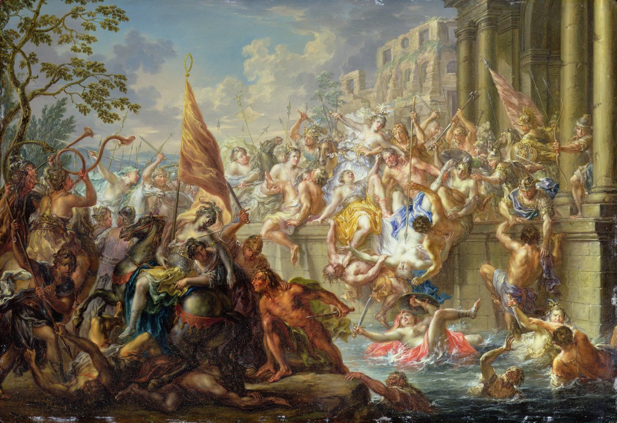 Amazonların Savaşı, c.1730 (bakır üzerine yağ) by Johann Georg Platzer