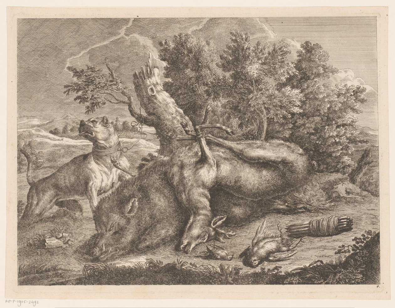 Domuz, geyik ve kuşlar ile av köpeği ve ganimet Av Çizmeleri (seri başlığı) by Johann Georg Wachsschlunger