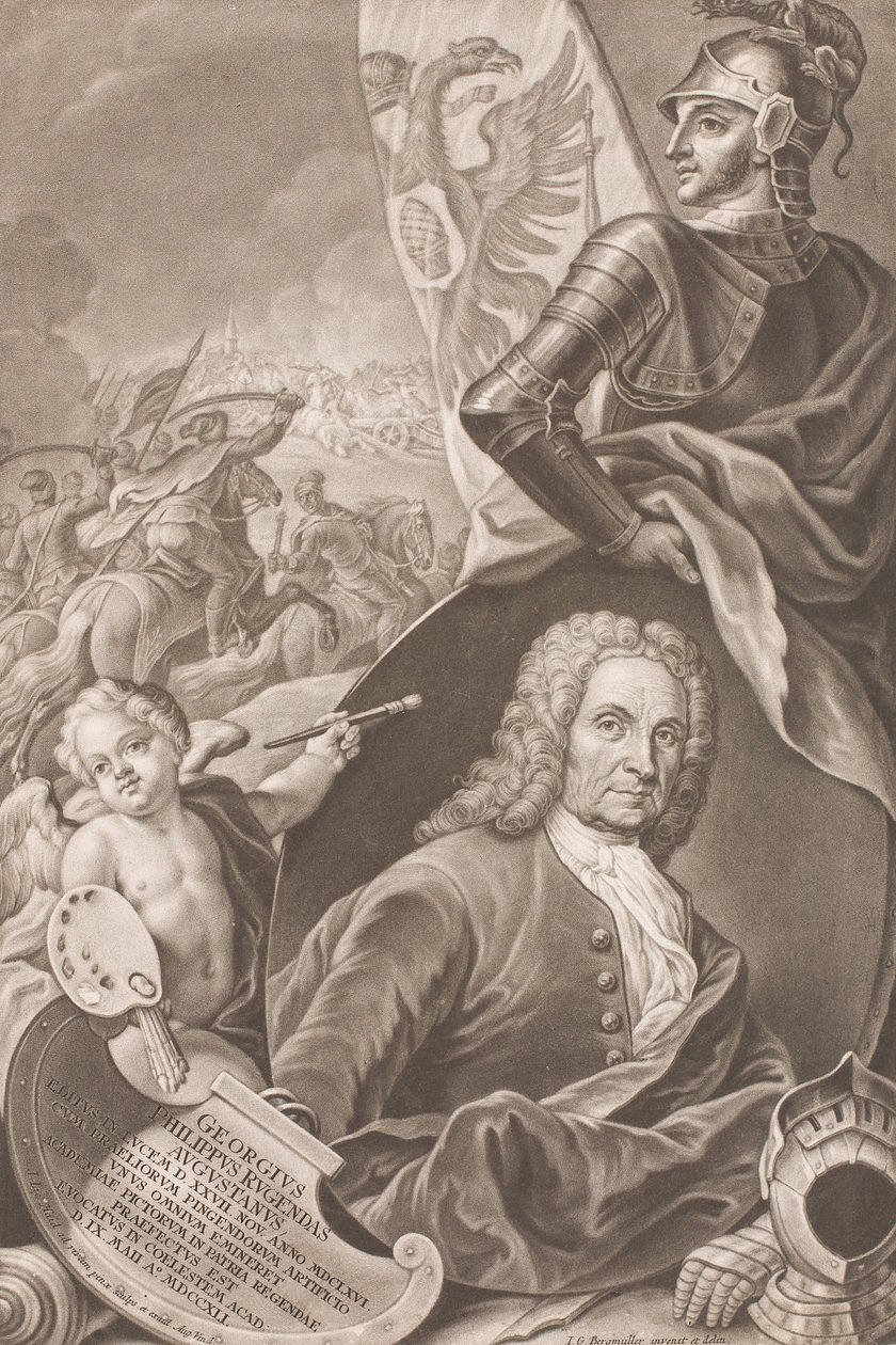 Arka planda bir savaş sahnesi olan ressam Georg Philipp Rugendas'ın büstü by Johann Gottfried Haid
