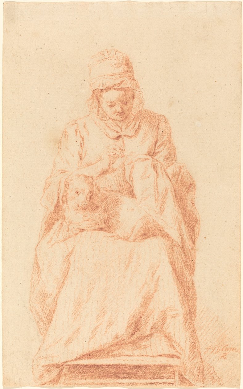 Kucağında Dinlenen Bir Köpekle Dikiş Diken Genç Kadın by Johann Gottlieb Glume