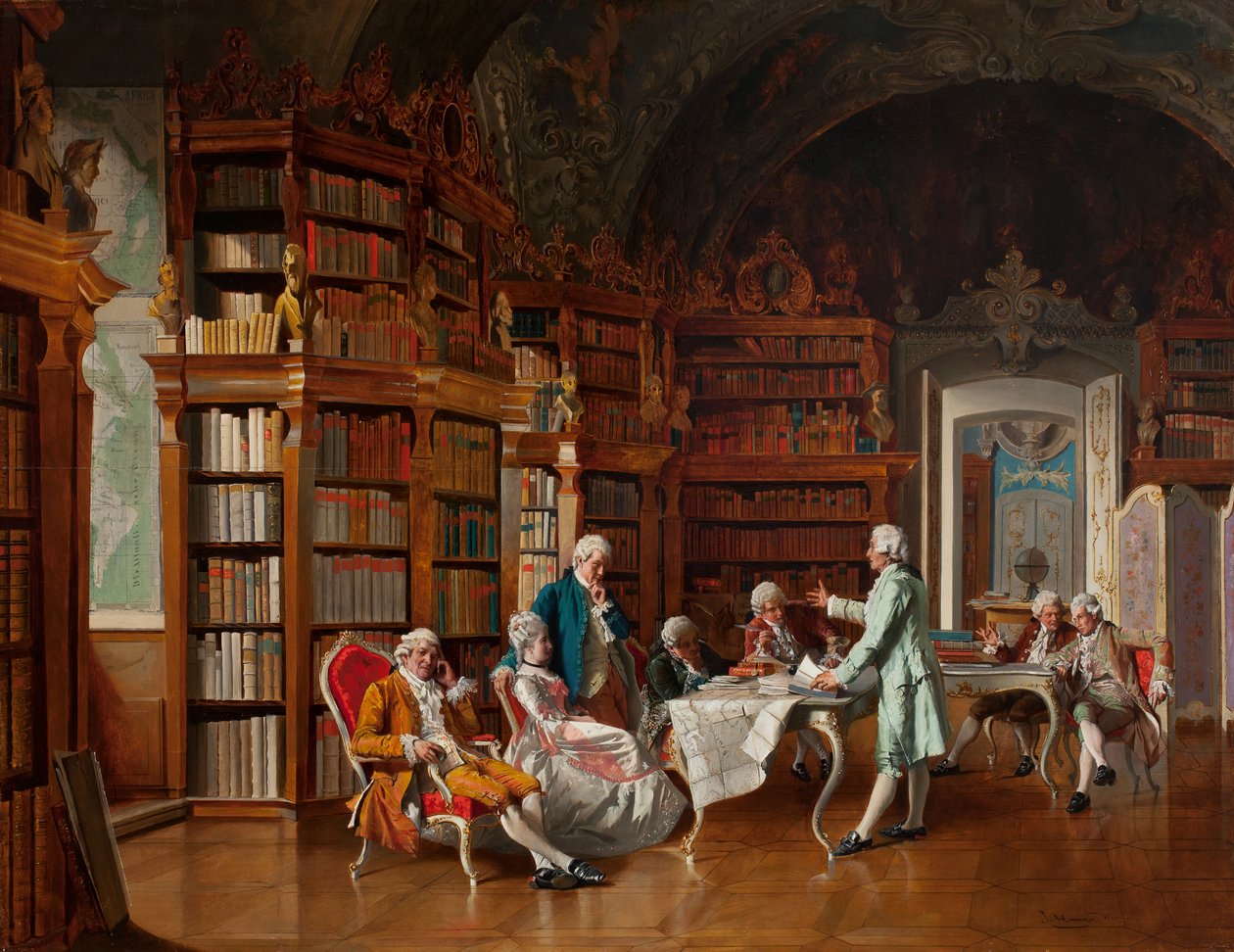 Kütüphane Sahnesi, 19. yüzyıl sonu (panelde yağlı boya) by Johann Hamza
