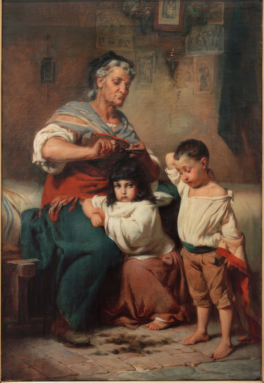 Torunlarının saçlarını kesen anneanne by Johann Heinrich Hasselhorst