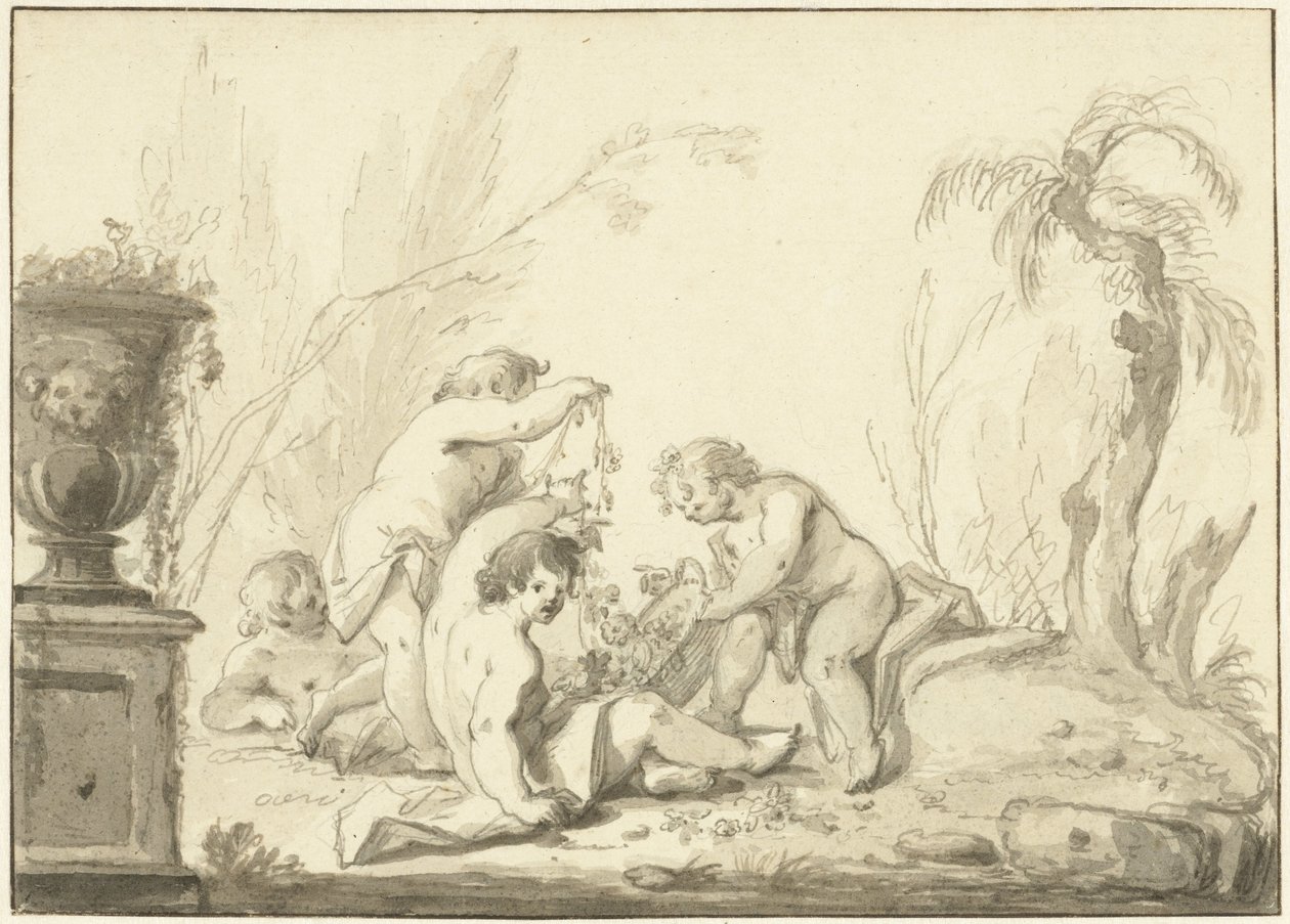 Çiçek sepeti olan çocuklarla alegorik temsil by Johann Heinrich Keller (II)