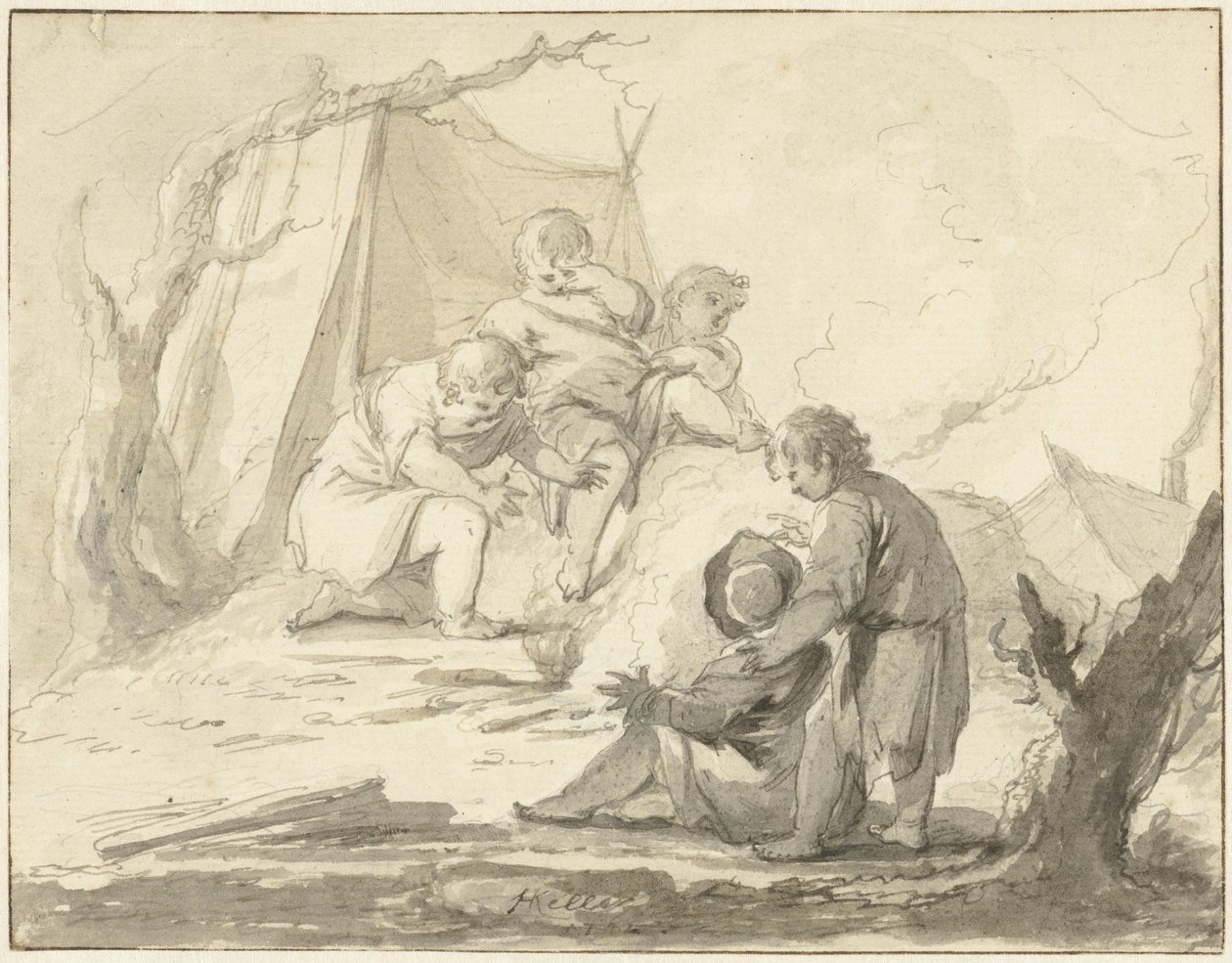Ateşin etrafında çocuklarla alegorik temsil by Johann Heinrich Keller (II)
