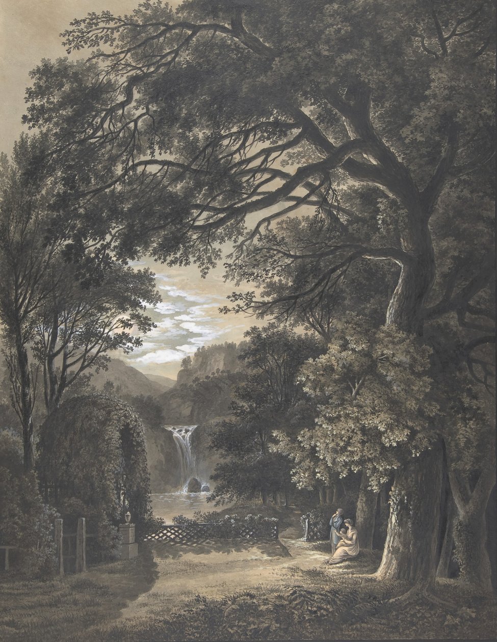 Şelaleli Bir Peyzajda Bir Anıtın Önünde Toplanan Aile, 1805. by Johann Heinrich Meyer