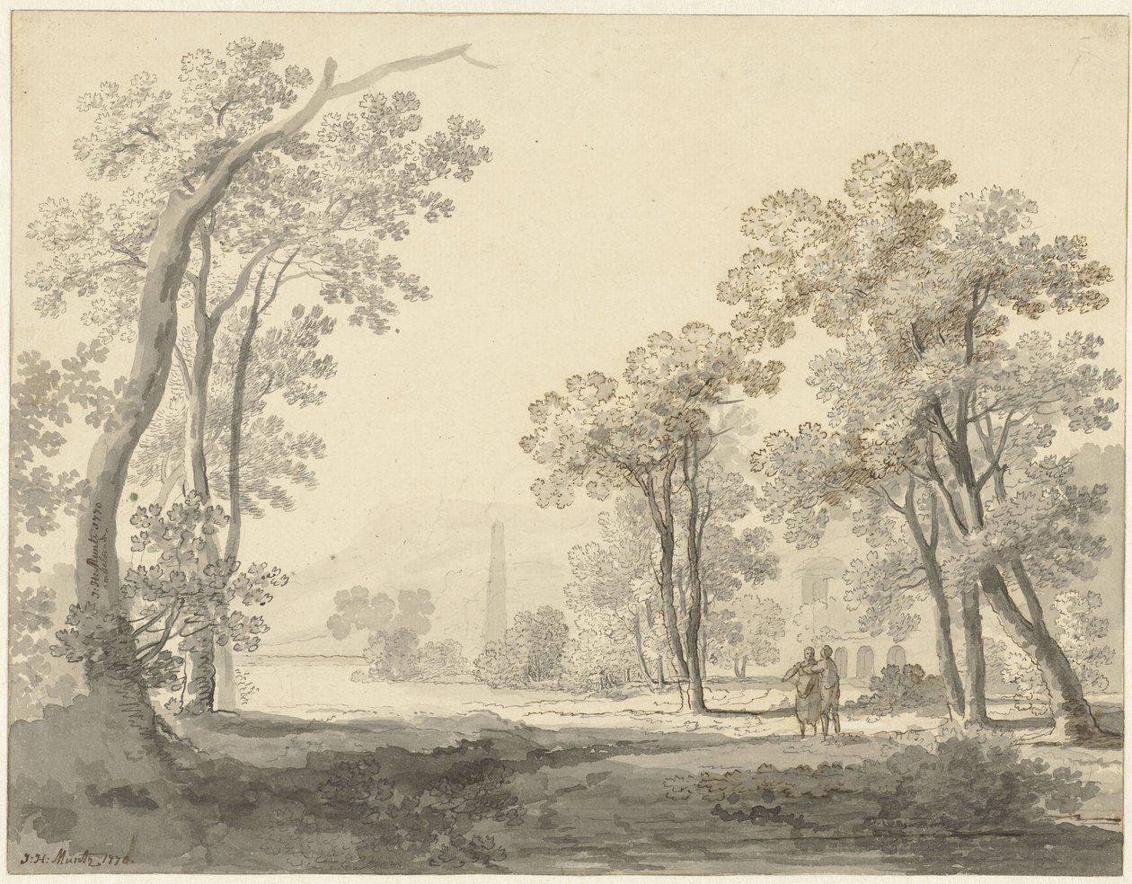 Sağda iki figürlü manzara by Johann Heinrich Muntz