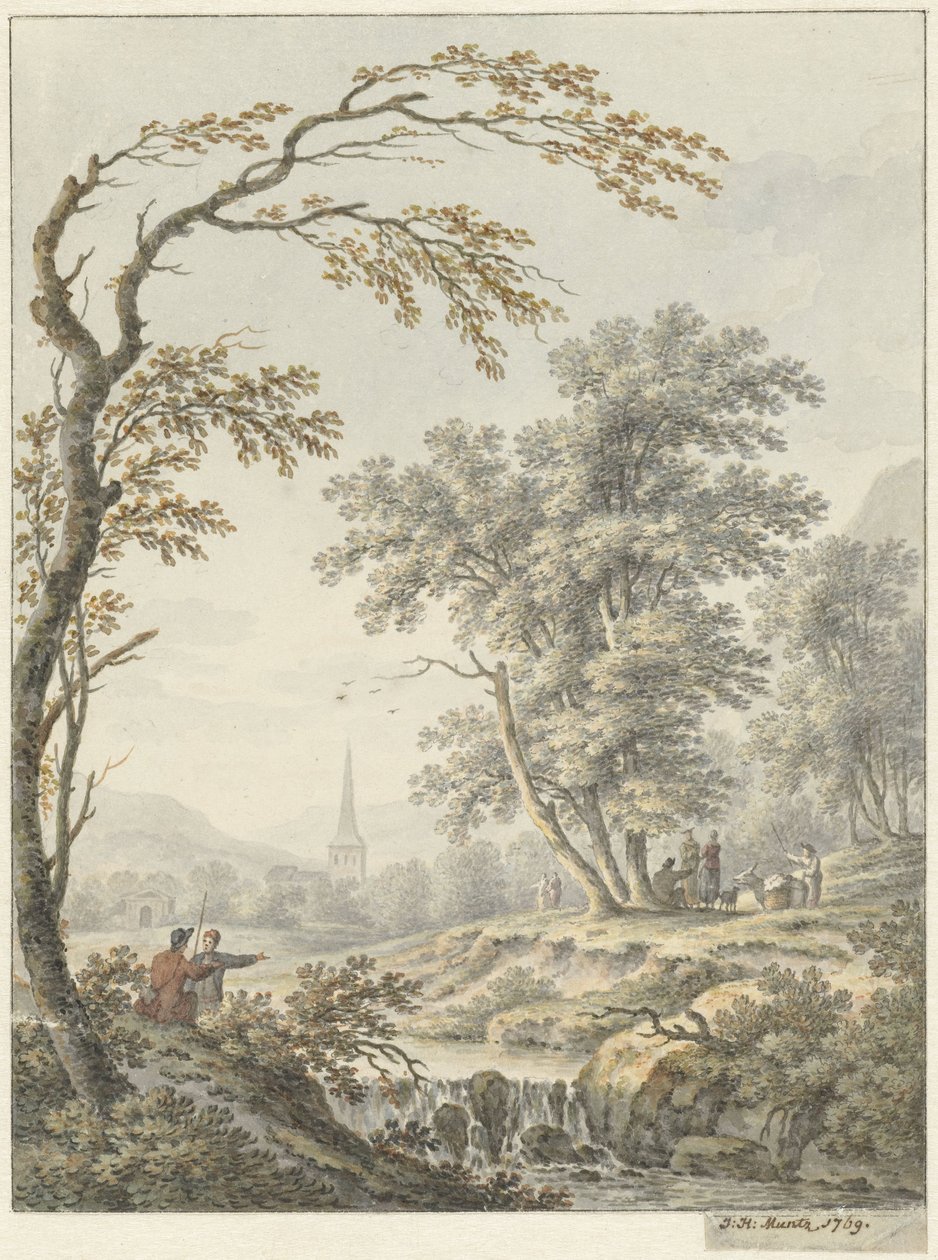 Uzaktan bir şelale ve bir kilise ile manzara by Johann Heinrich Muntz