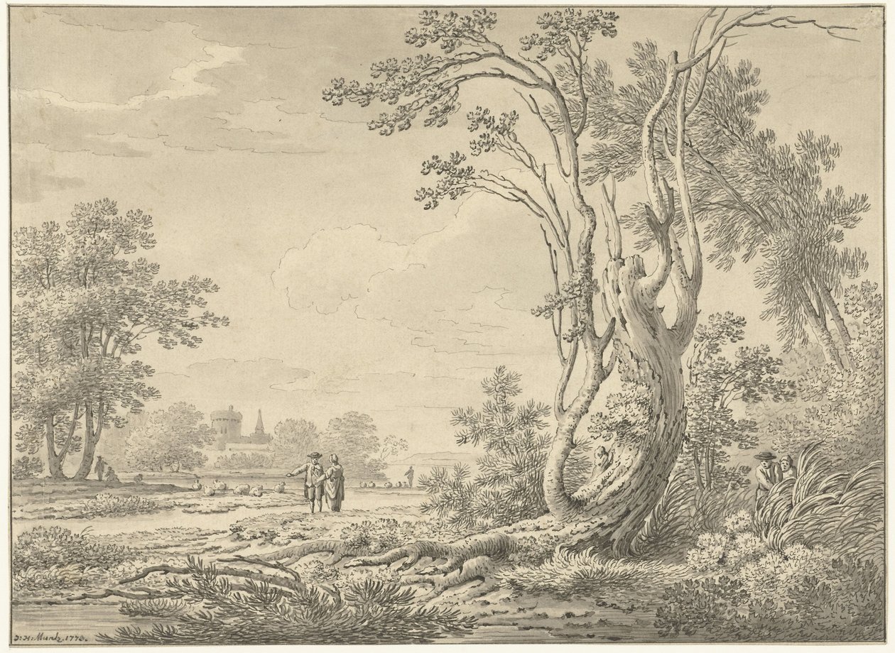 Kale, sığır ve yürüyüşçüler ile Güney manzara by Johann Heinrich Muntz