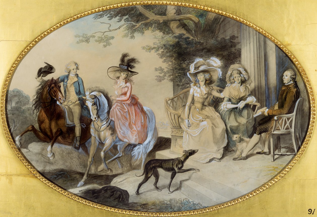 Leydi St. Aubyn ve Ailesi (kalem ve fırça ve siyah mürekkep, kağıt üzerine sulu boya ve guaj boya) by Johann Heinrich Ramberg