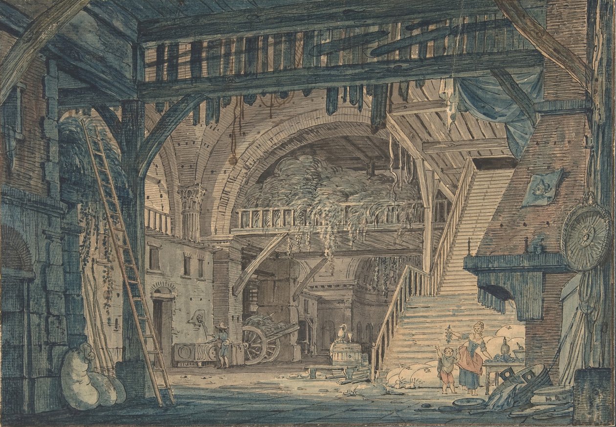 18. yüzyılın sonlarında 19. yüzyılın ortalarında bir Ahıra Dönüştürülen Antik Roma Harabesinin Sahne Seti Tasarımı. by Johann Heinrich Ramberg